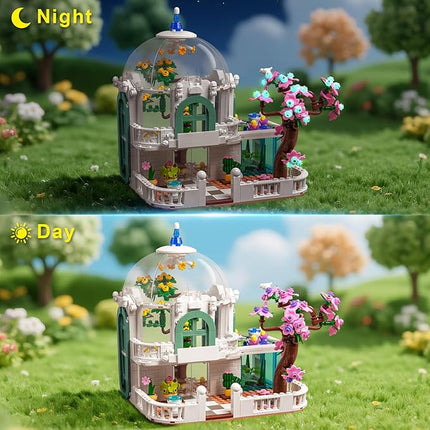 Botanical Garden Building Set, Flower Glass House Building Block Set with Luminous - 732 PCS Greenhouse Buiding Toy with Flowers Potted Plants Bunny Animals Model Xmas Gift for Adults Teens