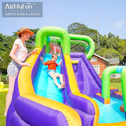 AirMyFun Water Bounce House Inflatable Bounce House for Kids with Blower. Family Backyard Bouncy Castle with Fun Doorway Tunnel, Climbing Wall, Long Safe Return Curved Slide and Ball Shooting