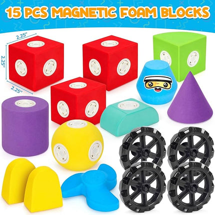 15 PCS Magnetic Foam Blocks for Kids, Large Magnetic Building Blocks for Toddlers 3+, Kids Bath Toys and Preschool STEM Educational Toys, Birthday for Boys & Girls 3 4 5 6+ Years Old