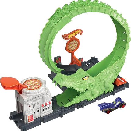 Hot Wheels Toy Car Track Set Gator Loop Attack Playset in Pizza Place with 1:64 Scale Car, Connects to Other Sets