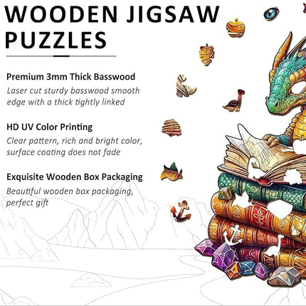 Wooden Puzzles for Adults - Reading Dragon Wood Puzzles Adult - Unique Animal Shape Wooden Jigsaw Puzzles for Adults - Birthday Gifts for Puzzle Lovers, Family (11.4 * 11.4in)