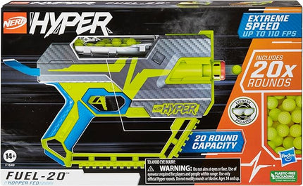 Nerf Hyper Fuel-20 Blaster, 20 Nerf Hyper Rounds, Up to 110 Fps Velocity, Hopper Fed, 20-Round Capacity, Easy Reload, Eyewear Included,Multicolor