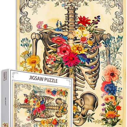 Rib Cage Skull Flower Jigsaw Puzzle Human Organ/Anatomy 1000 Pieces Puzzles Game Florals Jigsaw Puzzles for Adults Home Decor DIY Craft Puzzle Gift for Friends and Family 20 x 27 Inch