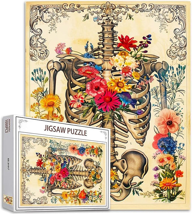 Rib Cage Skull Flower Jigsaw Puzzle Human Organ/Anatomy 1000 Pieces Puzzles Game Florals Jigsaw Puzzles for Adults Home Decor DIY Craft Puzzle Gift for Friends and Family 20 x 27 Inch