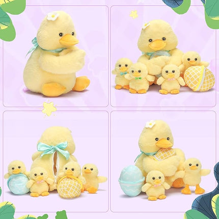 IKASA Mommy Duck Stuffed Animal Mom and Baby Plush Toy, Cute 13.5 inches Soft Small Mama Family Set Cuddly Toy with Little Mini Babies,Gifts for Kids