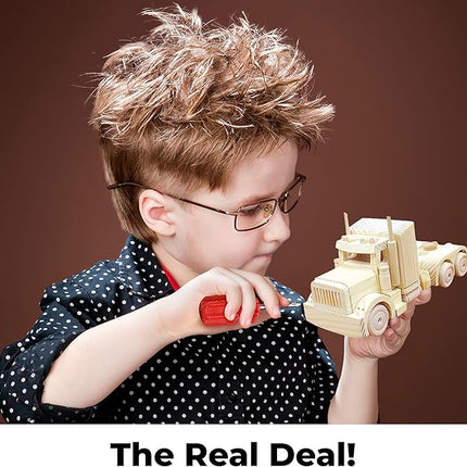 Kraftic Woodworking Building Kit for Kids and Adults, 3 Educational DIY Carpentry Construction Wood Model Kit Toy Projects for Boys and Girls - Build a Wooden Military Jet Race Car and Tractor Trailer