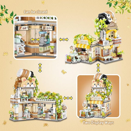 Street View Coffee Shop Mini Building Blocks, MOC Creative Building Toys Cute Animals Building Set for Girls 6-12, Simulation Architecture Construction Toy, Gift Idea for Kids Adults (1077 PCS)