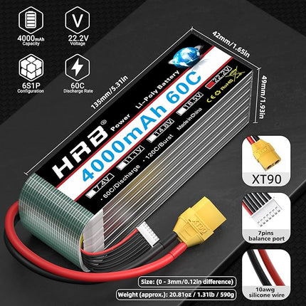 HRB 6S Lipo Battery XT90 4000mAh 60C Soft Case 22.2V RC Lipo Battery for RC Quadcopter Helicopter Car Truck Boat Hobby (2packs)