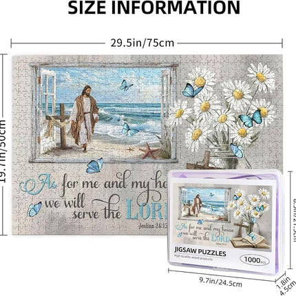 Christian Wooden Jigsaw Puzzle 1000 Pieces for Adults - Jesus Walking on Beach & Joshua 24:15 Bible Verse, Religious Scripture Art for Stress Relief, Inspirational Home Decor and Gift