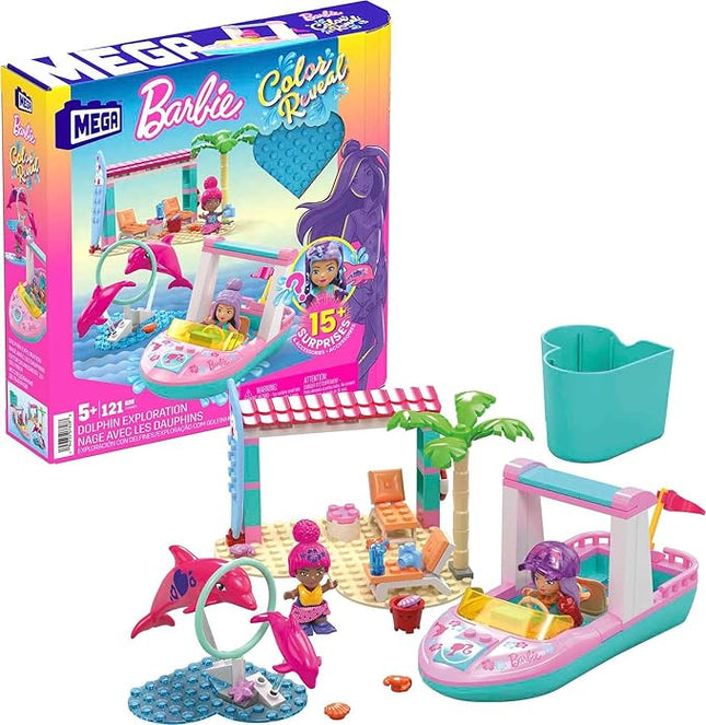 MEGA Barbie Color Reveal Dolphin Exploration Toy Building Set with 10+ Surprises, 2 Micro-Dolls and 2 Dolphins, Toy Gift Set for Girls and Boys, Ages 5 and up
