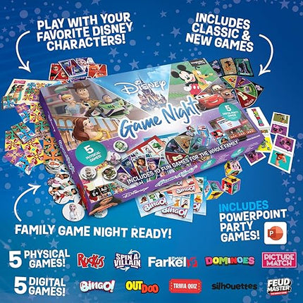 Disney Family Game Night, 10 in 1 Board Game Collection for Kids & Adults, Featuring Mickey, Minnie, Princesses, Toy Story & More. 5 Physical and 5 Digital Games for Ages 6 and up