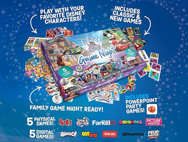 Disney Family Game Night, 10 in 1 Board Game Collection for Kids & Adults, Featuring Mickey, Minnie, Princesses, Toy Story & More. 5 Physical and 5 Digital Games for Ages 6 and up