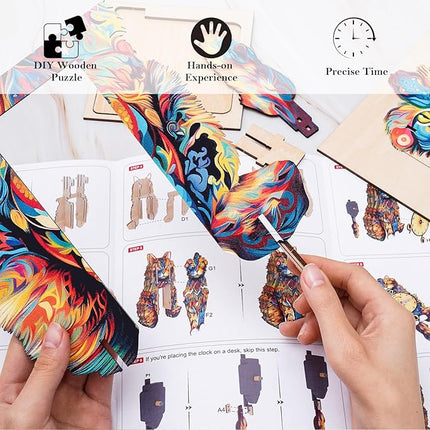 3D Wooden Puzzles for Adults Maine Coon Clock - Model Building Kit ‌‌Cat Clock Puzzle Creative Craft Gift Home Deco for DIY Enthusiasts, Brain Teaser Building Set Birthday Gifts