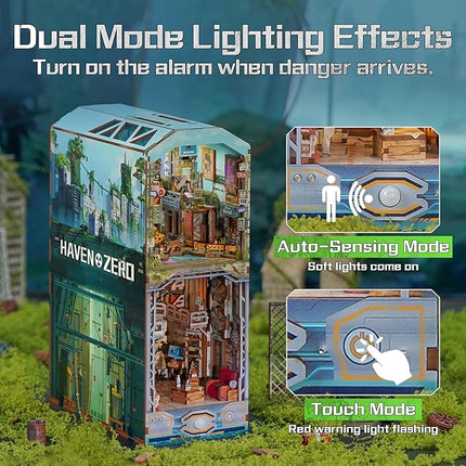 Tonecheer DIY Book Nook Kit for Adults, Wooden 3D Puzzle Bookend Diorama Bookshelf Insert Decor Fancy Books, Booknook Miniature House Kit with Dust Cover and Sensor LED (Haven Zero)