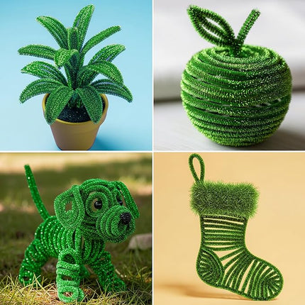 Caydo 200 Pieces Glitter Green Pipe Cleaners,Thick Fluffy Chenille Stems, Pipe Cleaner Crafts for Arts & Crafts, Perfect for Making Animals, Flowers, and St. Patrick's Day Decorations