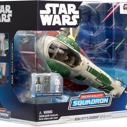Star Wars Micro Galaxy Squadron Boba Fett's Starship (Ep 5) - 7-Inch Vehicle with Flight Display Stand and Three 1-Inch Micro Figure Accessories