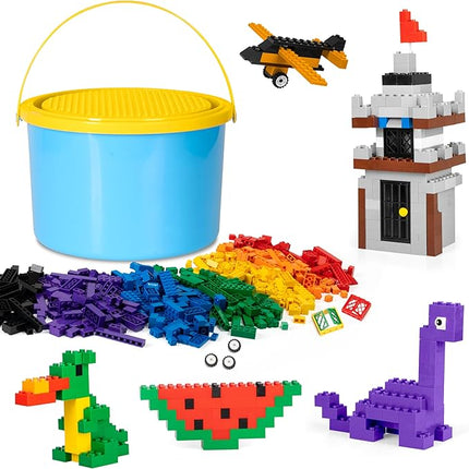 Play Platoon 1100 Pieces Building Bricks Set - 10 Classic Color Blocks - Bulk Building Blocks Compatible with Major Brands, 14 Different Shape Bricks - Includes Wheels, Tires, Axles, Windows & Door