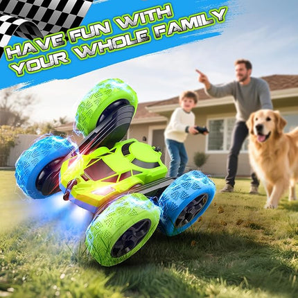 cosone Remote Control Car Toys for Boys - 4WD 2.4Ghz Double Sided 360° Rotating All Terrain RC Cars with Cool Lights, Kids Birthday for Boys-Blue&Green