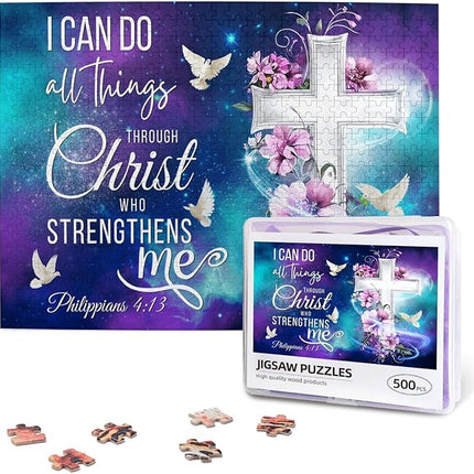 Christian Jigsaw Puzzles 500 Pieces for Adults, Shining Cross & Philippians 4:13 Bible Verse, Uplifting Religious Wooden Puzzle, Faith-Based Gift