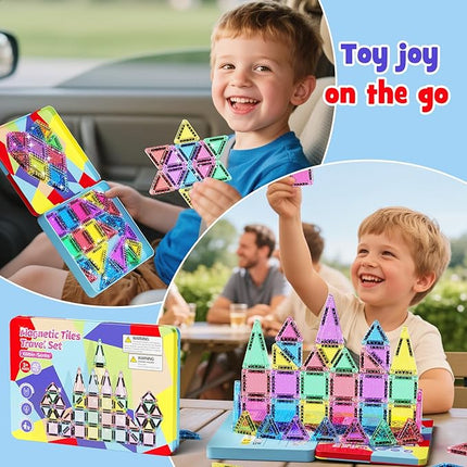 Travel Mini Magnetic Tiles Glitter Construction Set 42Pcs，Magnetic Building Blocks Stem Gift Travel Toys for Kids for Boys and Girls Ages 3+