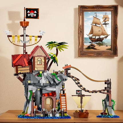 Pirate Cabin Building Sets for Adults,Pirate's House with Bridge and Ship in Island,Medieval Castle Skull Building Block Toy for Home Decor,Ideal Gift for Men Teens Kids Boys 8+(1044PCS)