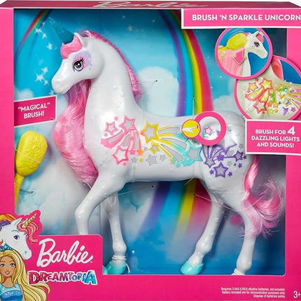 Barbie Dreamtopia Unicorn, Brush 'n Sparkle Interactive Toy with Lights & Sounds, Magical Brush Accessory, White Unicorn with Pink Mane & Light-Up Stars