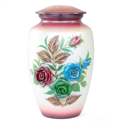 11" 3D Carved Decorative Flowers Aluminum Metal Cremation Urns for Human Ashes | Hand-Crafted Large Urn for Adult Cremation (Nibble Red)