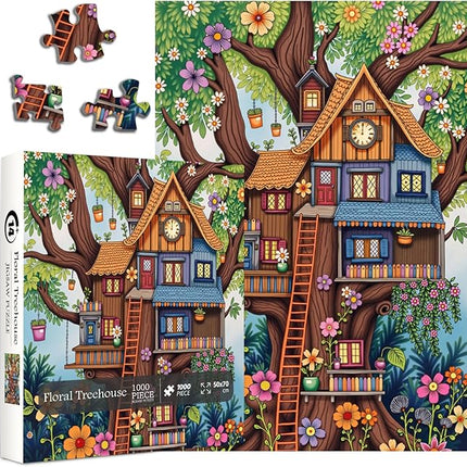 Treehouse Puzzles for Adults 1000 Pieces, Colorful Fantasy Tree of Life Jigsaw Puzzles, Challenging Floral Plant Puzzle