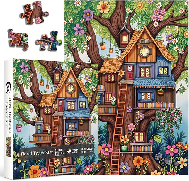 Treehouse Puzzles for Adults 1000 Pieces, Colorful Fantasy Tree of Life Jigsaw Puzzles, Challenging Floral Plant Puzzle