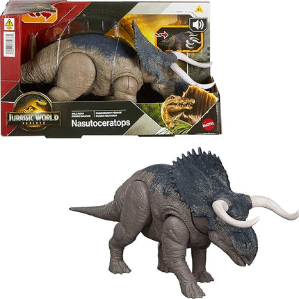 Mattel Jurassic World Rebirth Wild Roar Nasutoceratops Dinosaur Toy with Tail-Controlled Chomp Multi-Direction Attack & Sound, Posable & Digital Play