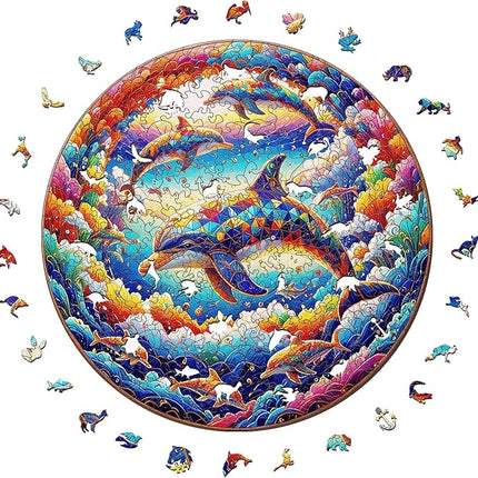 Wooden Puzzle for Adults – Unique Dolphin-Shaped Jigsaw, Colorful Ocean Animal Design Brain Teaser for Kid & Teen, 220 Pieces, 10"x10", Ships as Whole Puzzle Board, Gift-Ready Box, Fun Family Game