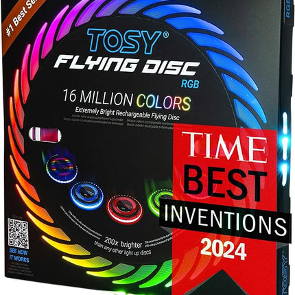 TOSY Flying Disc - 16 Million Colors RGB or 36 LEDs, Extremely Bright, Smart Modes, Camping Essentials for Teens/Kids/Adults/Men/Boys/Girls, Auto Light Up, Rechargeable, Waterproof, 175g