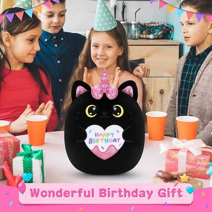Happy Birthday Gift Black Unicorn Cat Plush Toys-11'' Black Cat Plushies Anime Plush-Kawaii Plushie Toy Stuffed Animals Cute Plushies, Black Unicorn Cat Plush Pillow Birthday Gifts for Kids