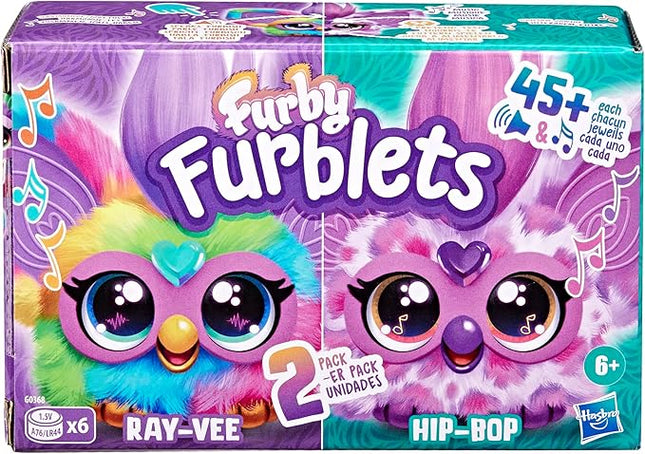 Furby Furblets 2-Pack, Mini Friends Ray-Vee & Hip-Bop, 45+ Sounds Each, Music & Furbish Phrases, Electronic Plush Toys, Rainbow & Pink/Purple, Ages 6+ (Amazon Exclusive)