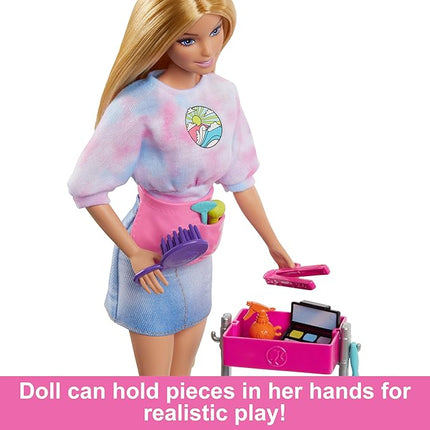 Barbie Stylist Doll & 14 Accessories, Blonde Barbie "Malibu" Fashion Doll On-set with Cart, Smock, Makeup Palette, Pet Puppy & More