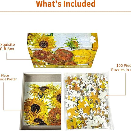 100 Piece Puzzles for Kids Sunflowers by Vincent Van Gogh Puzzle Famous Oil Painting 100 Pieces Puzzles for Adults Seniors Elderly Classic Art Puzzles 100 Piece for Kids Ages 6-10