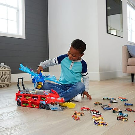 Hot Wheels City Toy Car Track Set, Ultimate Dual Dragon Transporter & 2 Die-Cast Cars, Large-Scale Dragon & Detachable Dragon, Stores 20+ Vehicles