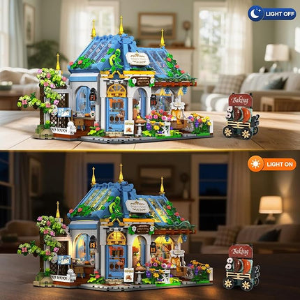 Flower Café House Building Set with LED, 1520 PCS Botanical Coffee Architecture with Openable Design, Floral Bakery Construction Model for Home Decor, Gift for Adults Women Teens Girl Boy 12+