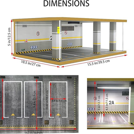 1:24 Scale Die-Cast Car Garage Display Case with Transparent Acrylic Cover and LED Lighting for 3 Parking Spaces (2A)