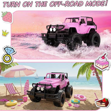 DOUBLE E Jeep Licensed 1:14 Scale Pink Remote Control Car for Girls with 2*DIY Stickers, Open-top Design RC Jeep, 80Min Play 2.4Ghz Off Road RC Trucks with LED Lights, Birthday/Xmas Gifts for Girls 6+