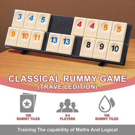 Rummy Cube Game with Portable Bag, Mini Rummy Cube Game for Adult and Kids,106 Tiles, Playing Rack，Travel Set with 4 Tiles Holders for Family Classic Board Games (Travel Edition 2-4 Players)
