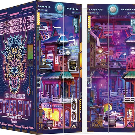 Tonecheer DIY Book Nook Kit for Adults, Wooden 3D Puzzle Bookend Bookshelf Insert Decor, Cyber Punk Booknook Miniature House Kit with Dust Cover and Body Motion Sensor LED (Cyber City)