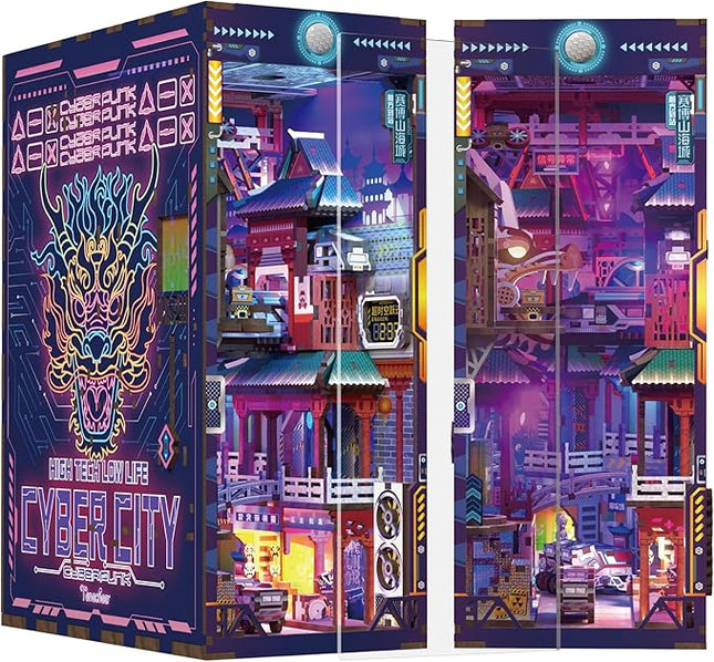 Tonecheer DIY Book Nook Kit for Adults, Wooden 3D Puzzle Bookend Bookshelf Insert Decor, Cyber Punk Booknook Miniature House Kit with Dust Cover and Body Motion Sensor LED (Cyber City)