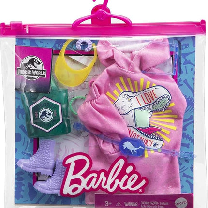 Barbie Fashion Pack of Doll Clothes Inspired by Jurassic World, Collectible Set Includes Sweatshirt Hoodie Dress with Dinosaur Graphic & 8 Accessories