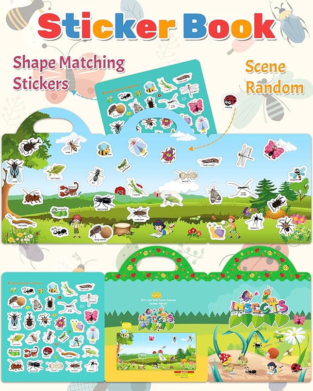 Benresive Reusable Sticker Book for Toddlers 2-4 Years, Fun Travel Stickers for Kids, Waterproof Sticker Books for Toddlers 1-3, Crafts Activities for Todddlers 1-3 2-4 3-5 - Insect