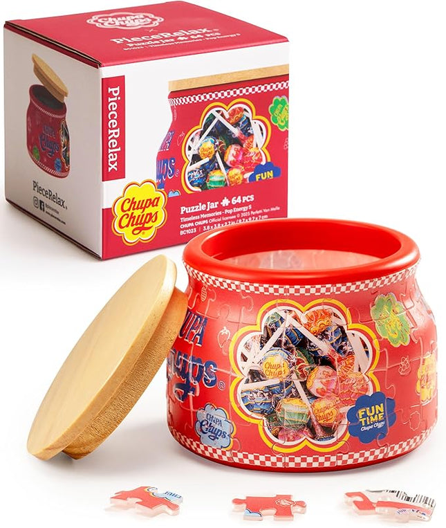 Chupa Chups X PieceRelax 3D Puzzle Jar 64 Plastic Pieces for Adults - Timeless Memories - Pop Energy S Wooden Lid Container for Kitchen Dining Study Living Room No Glue Requied Small [BC1023]