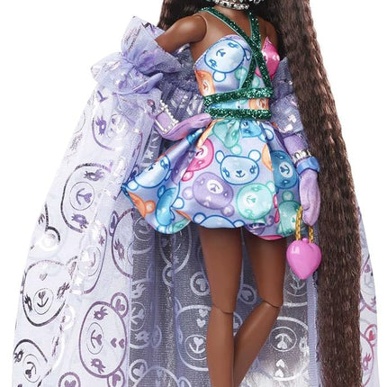 Barbie Extra Fancy Fashion Doll & Accessories Dressed in a Teddy-Print Gown with Sheer Train, Plus Teddy Bear Pet