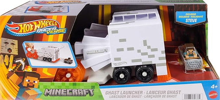 Hot Wheels Toy Car Track Set, RacerVerse Minecraft Ghast Large-Scale Launcher and Hauler with & Die-Cast Steve Vehicle