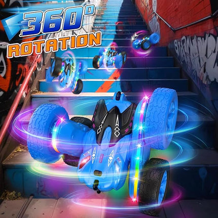 Remote Control Car,RC Cars with Sides Light Strip and Headlights,Double Sided 360 Flips Rotating RC Stunt Car,2.4Ghz All Terrain Toys for Ages 4-8 Kids Toy for Boys Birthday Gift(Blue)