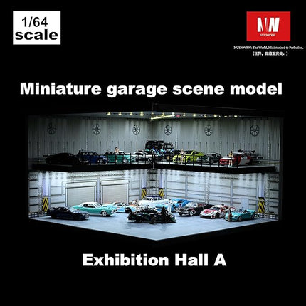 1/64 Model Car Display Case,Fits for 1/64 Hot Wheels Diecast Model Car,Diorama Double Decker Car Showroom Garage Model with Dimmable LED Lighting City Car Parking Lot Scene Model Collection (A)